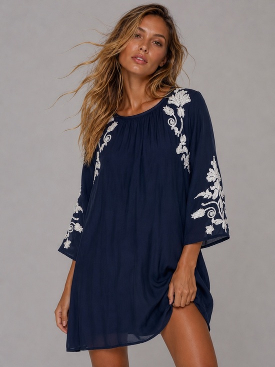 crown & ivy Dresses & Skirts - Crown And Ivy Navy Mini Dress Embroidered Boho Cottagecore Resort XS Quiet Luxe